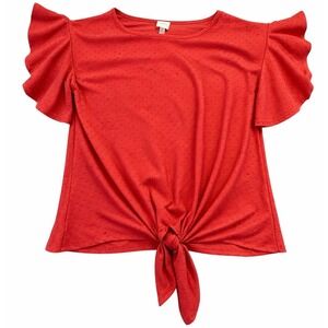 Cupio Shirt Women's Large Red Clip Swiss Dot Ruffle Sleeve Front Tie Knot Top
